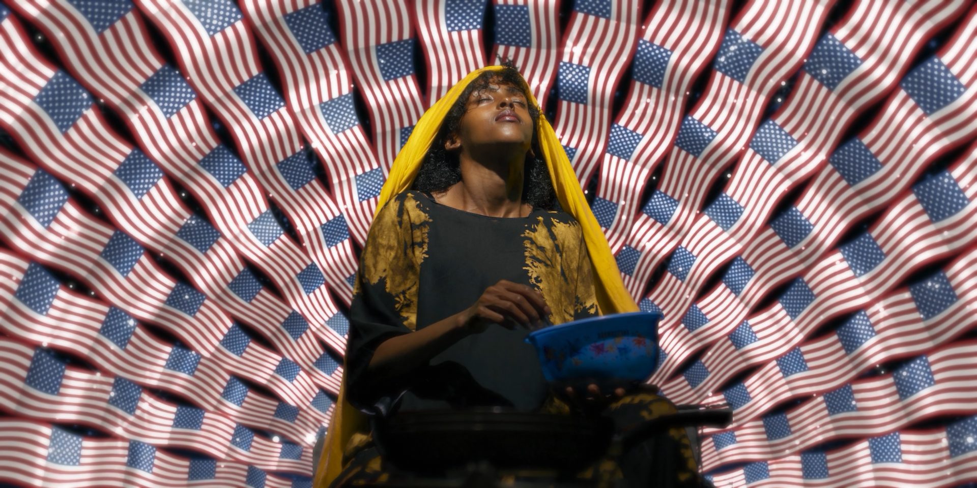 A woman in a yellow veil against a swirl of American flags, from Bufis – Daydreamers